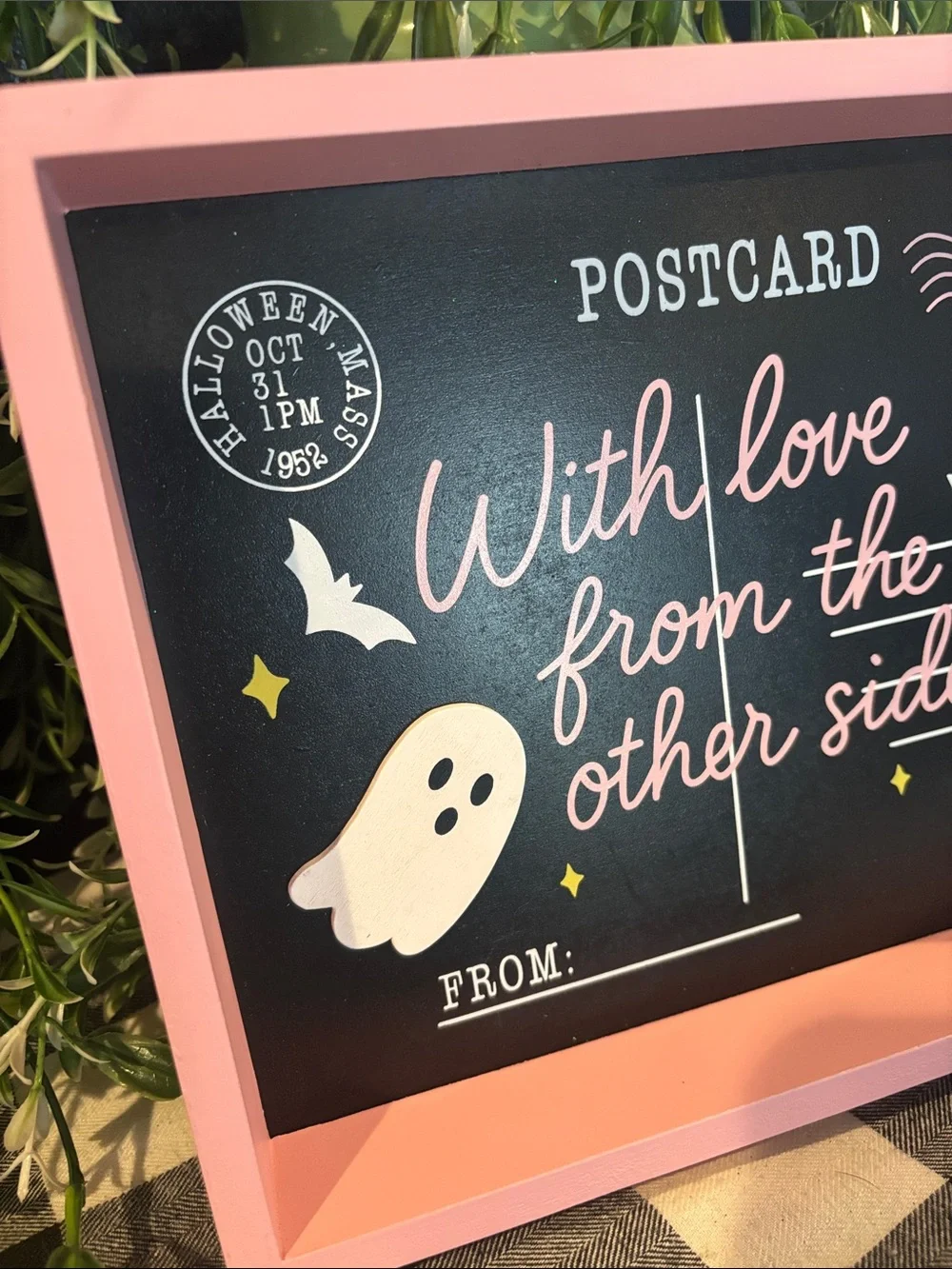 Halloween 'With Love From The Other Side' Decorative Postcard Sign - Pink Frame